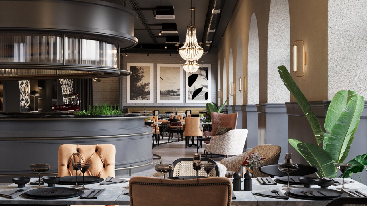 Elegant bistro at Jadran Heritage Hotel with chandeliers, arched windows, and plush seating.