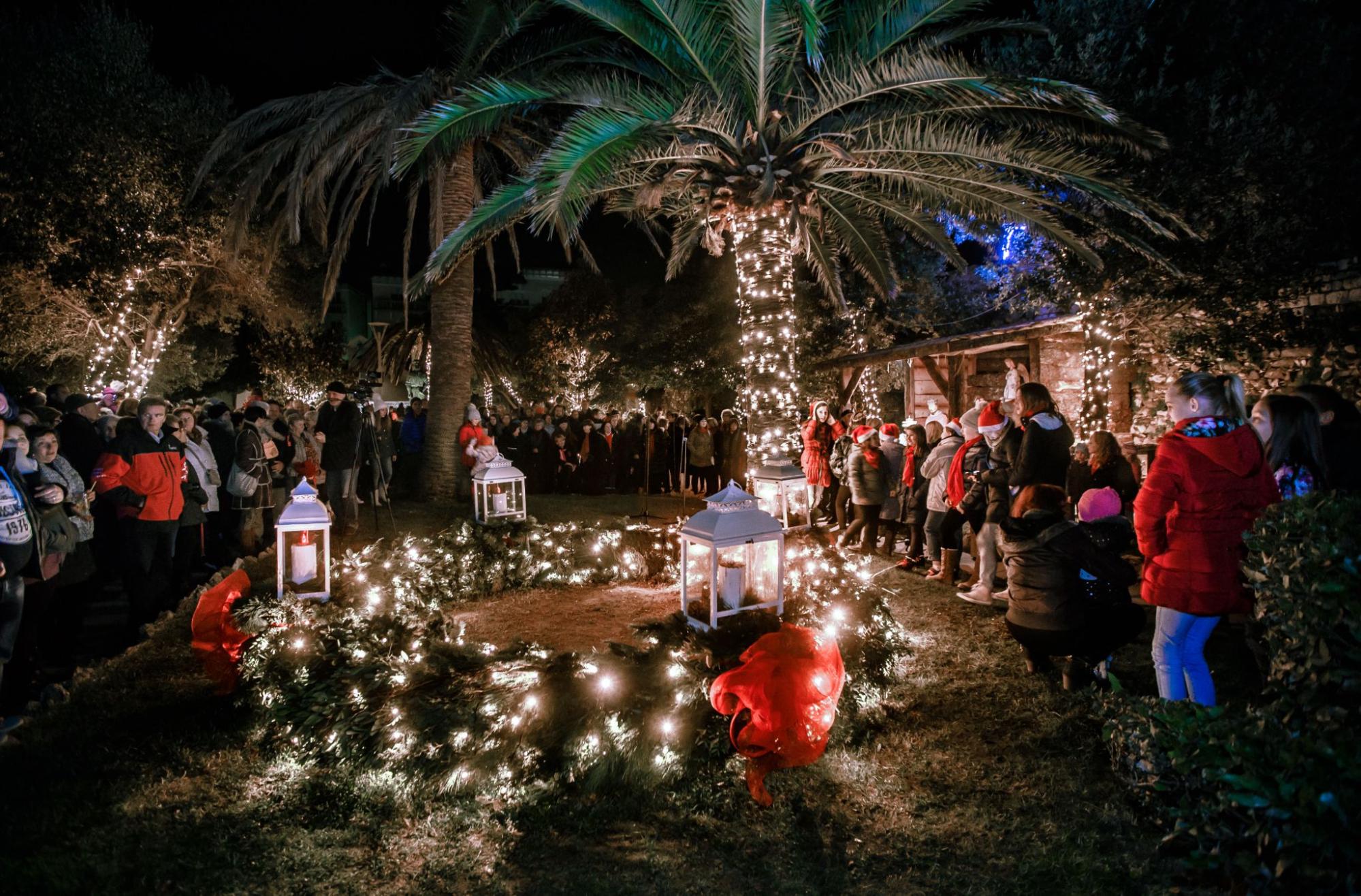 Crowd enjoying Advent under palm trees with Christmas lights.