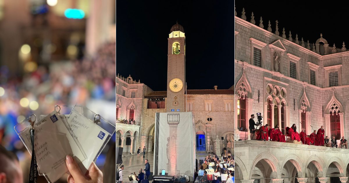 Open-air cultural performance at night during the Dubrovnik Summer Festival, with the historic clock tower and Rector’s Palace illuminated Open-air cultural performance at night during the Dubrovnik Summer Festival, with the historic clock tower and Rector’s Palace illuminated
