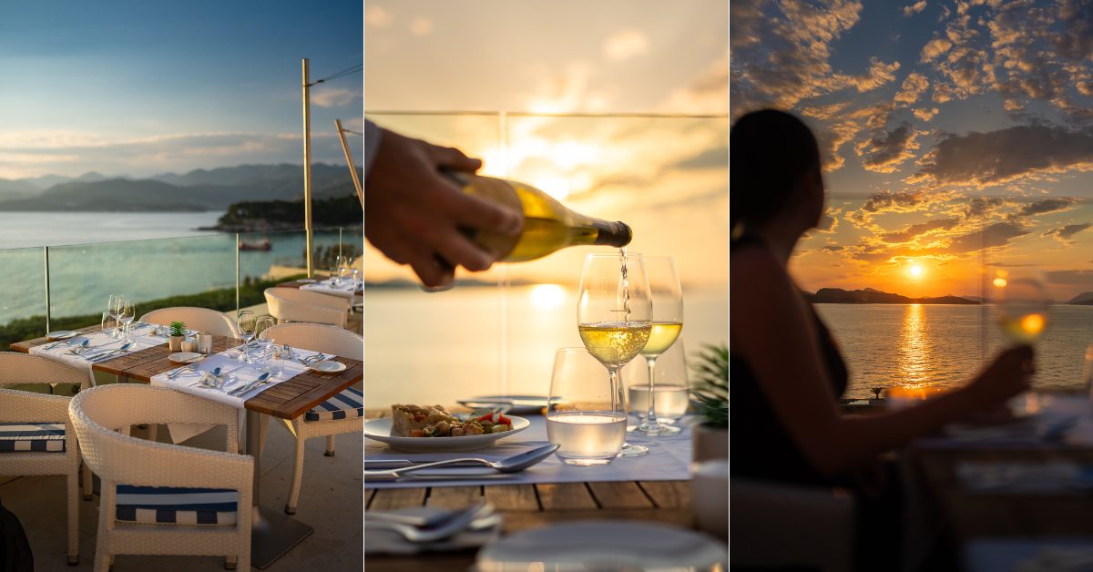 Romantic sunset dinner setup on a terrace overlooking the Adriatic Sea, with wine being poured and golden hour light Romantic sunset dinner setup on a terrace overlooking the Adriatic Sea, with wine being poured and golden hour light