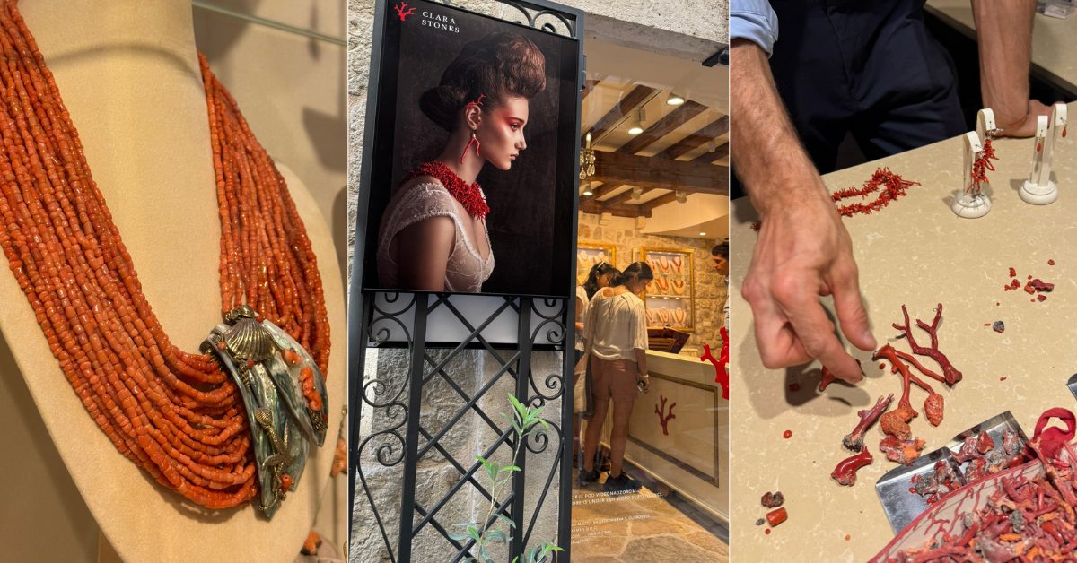 Handcrafted Adriatic red coral jewellery on display at Clara Stones in Dubrovnik, featuring coral strands, artisans at work, and boutique exterior Handcrafted Adriatic red coral jewellery on display at Clara Stones in Dubrovnik, featuring coral strands, artisans at work, and boutique exterior