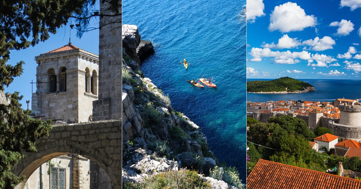 Scenic views of Lokrum Island, Dubrovnik’s city walls, and kayakers exploring the clear blue Adriatic coastline Scenic views of Lokrum Island, Dubrovnik’s city walls, and kayakers exploring the clear blue Adriatic coastline