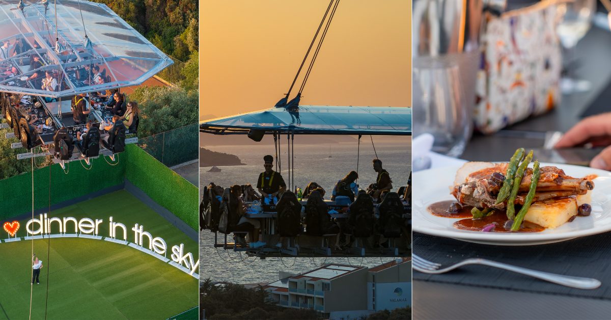 Guests enjoying a gourmet meal suspended 50 meters in the air during Dinner in the Sky Dubrovnik, with sunset views over the Adriatic Guests enjoying a gourmet meal suspended 50 meters in the air during Dinner in the Sky Dubrovnik, with sunset views over the Adriatic