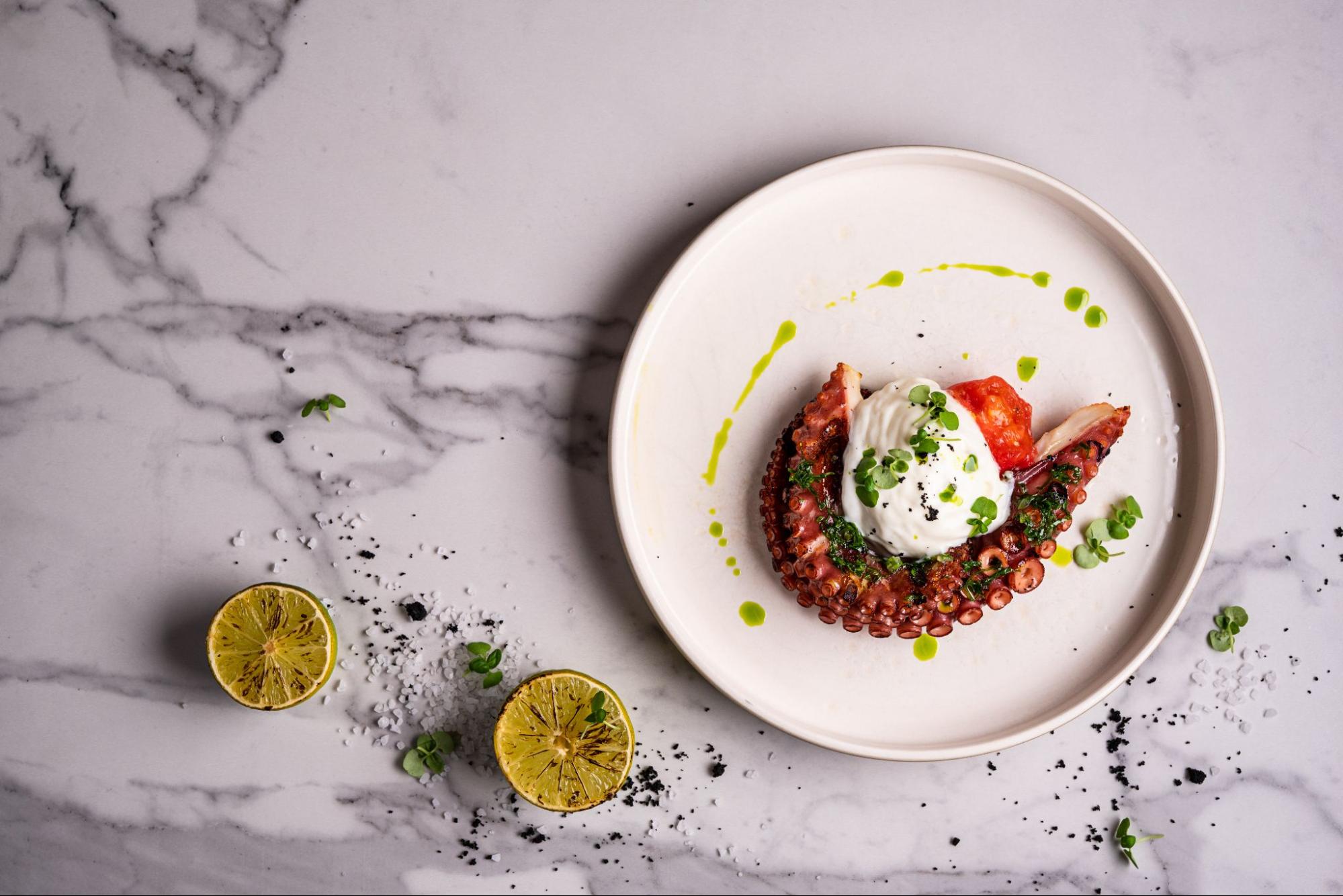 Octopus with burrata served on a plate in a Dalmatian restaurant Octopus with burrata served on a plate in a Dalmatian restaurant