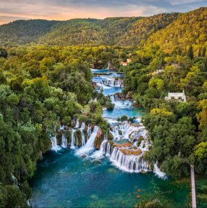Aerial view of waterfalls and forest landscape in Krka National Park