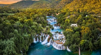 Aerial view of waterfalls and forest landscape in Krka National Park