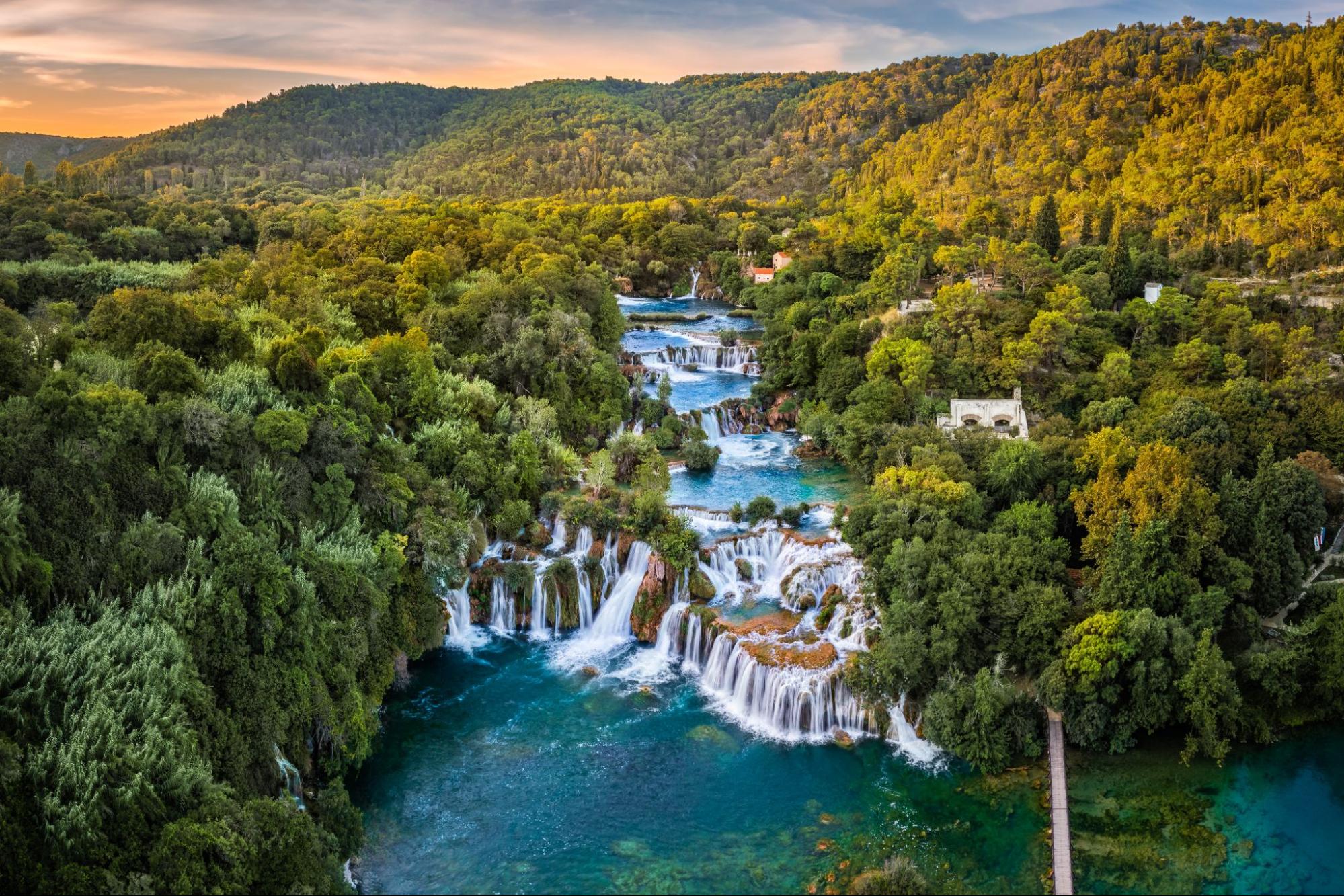 Aerial view of waterfalls and forest landscape in Krka National Park Aerial view of waterfalls and forest landscape in Krka National Park