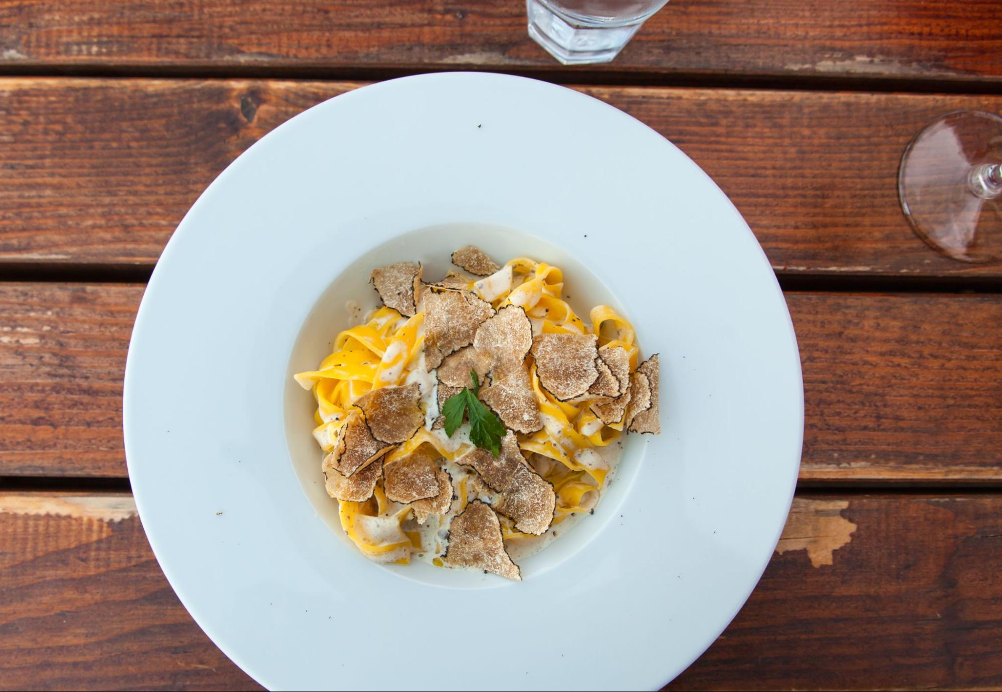 Hausgemachte Trüffel-Pasta in cremiger Soße, serviert auf einem weißen Teller Hausgemachte Trüffel-Pasta in cremiger Soße, serviert auf einem weißen Teller