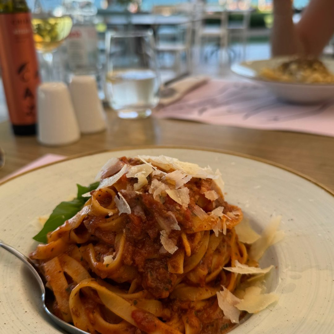 A plate with boškarin-based Bolognese-style fettuccine. A plate with boškarin-based Bolognese-style fettuccine.