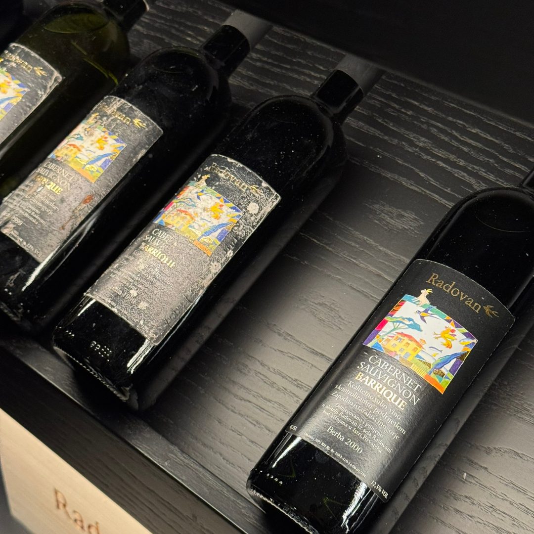 Close-up of Radovan Cabernet Sauvignon Barrique wine bottles. Close-up of Radovan Cabernet Sauvignon Barrique wine bottles.