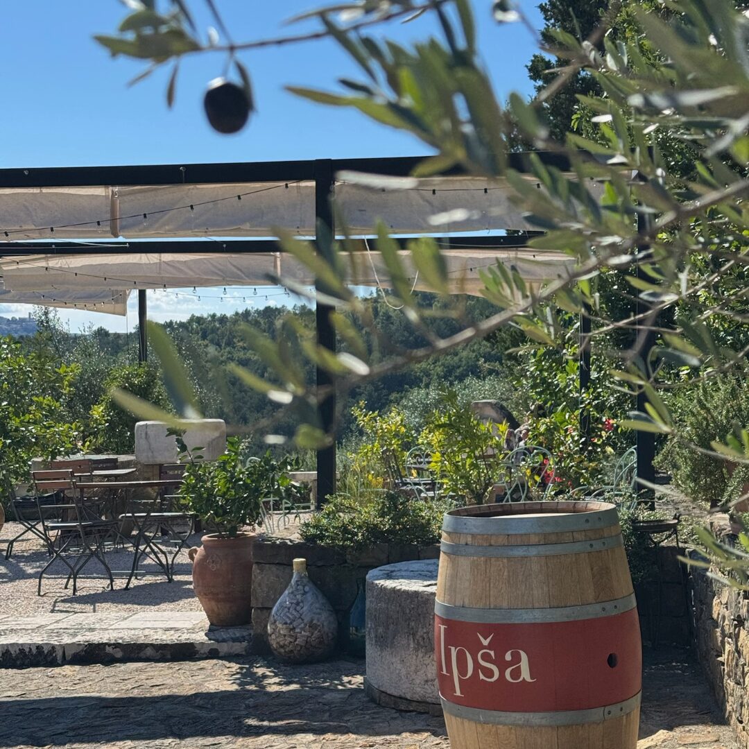 Die Terrasse des Gutshofs Ipša mit einem Olivenzweig im Vordergrund, einem mit der Schutzmarke Ipša versehenen Fass und einer Pergola mit Blick auf die grünen Hügel. Die Terrasse des Gutshofs Ipša mit einem Olivenzweig im Vordergrund, einem mit der Schutzmarke Ipša versehenen Fass und einer Pergola mit Blick auf die grünen Hügel.