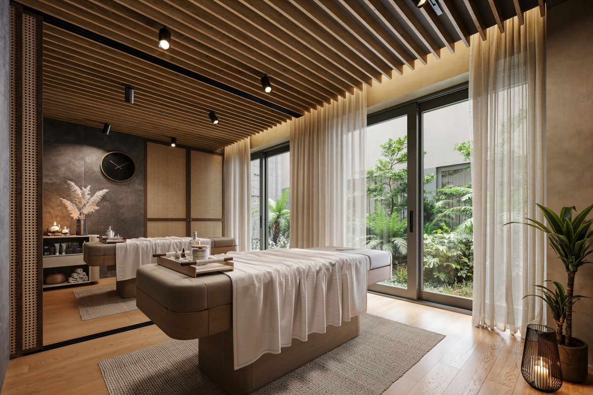 Elegant spa treatment room at ESPA at Pical Resort with a view of lush greenery. Elegant spa treatment room at ESPA at Pical Resort with a view of lush greenery.