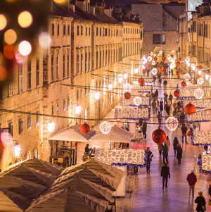 Dubrovnik Old Town illuminated during Advent with Christmas lights and festive stalls