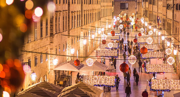 Dubrovnik Old Town illuminated during Advent with Christmas lights and festive stalls