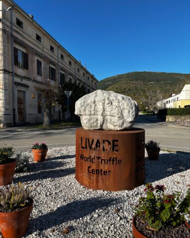 Stone truffle sculpture on a rusted steel pedestal reading ‘LIVADE World Truffle Centre,’ in a village square with historic façades and a wooded hill under a clear blue sky.