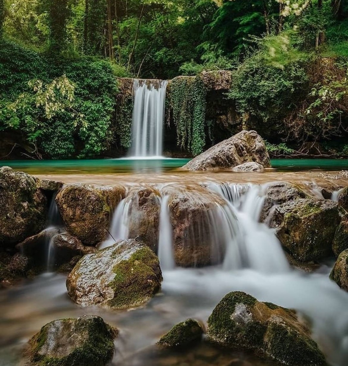 Gologorički Dol waterfall surrounded by lush greenery in Istria.