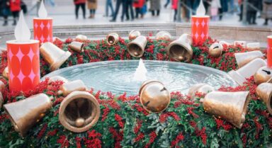 Fresh green wheat sprouts wrapped in burlap, symbolising a traditional Croatian Christmas decoration.