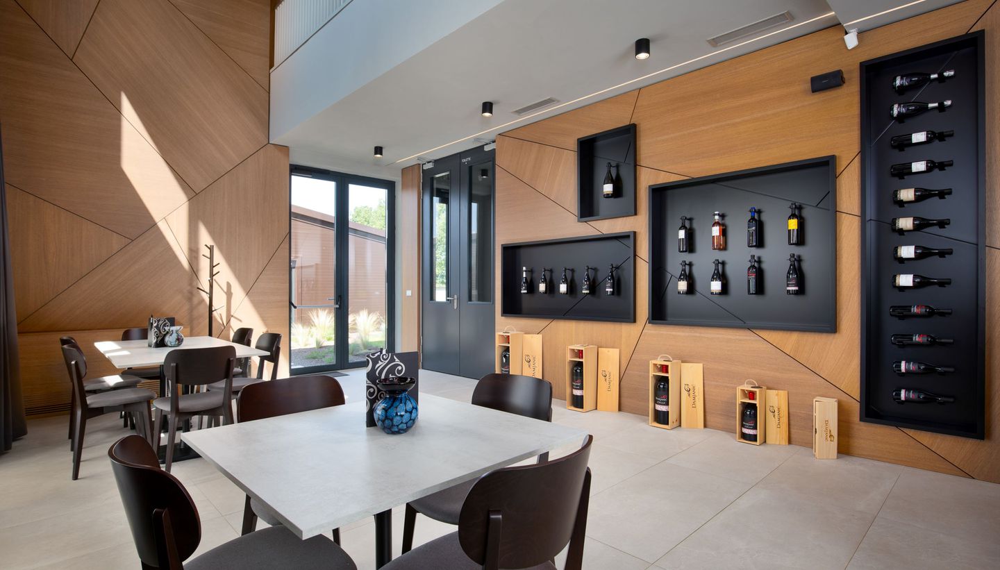 image2 Modern tasting room interior at Damjanić winery with wooden walls, display shelves of wine bottles, and minimalist tables and chairs.