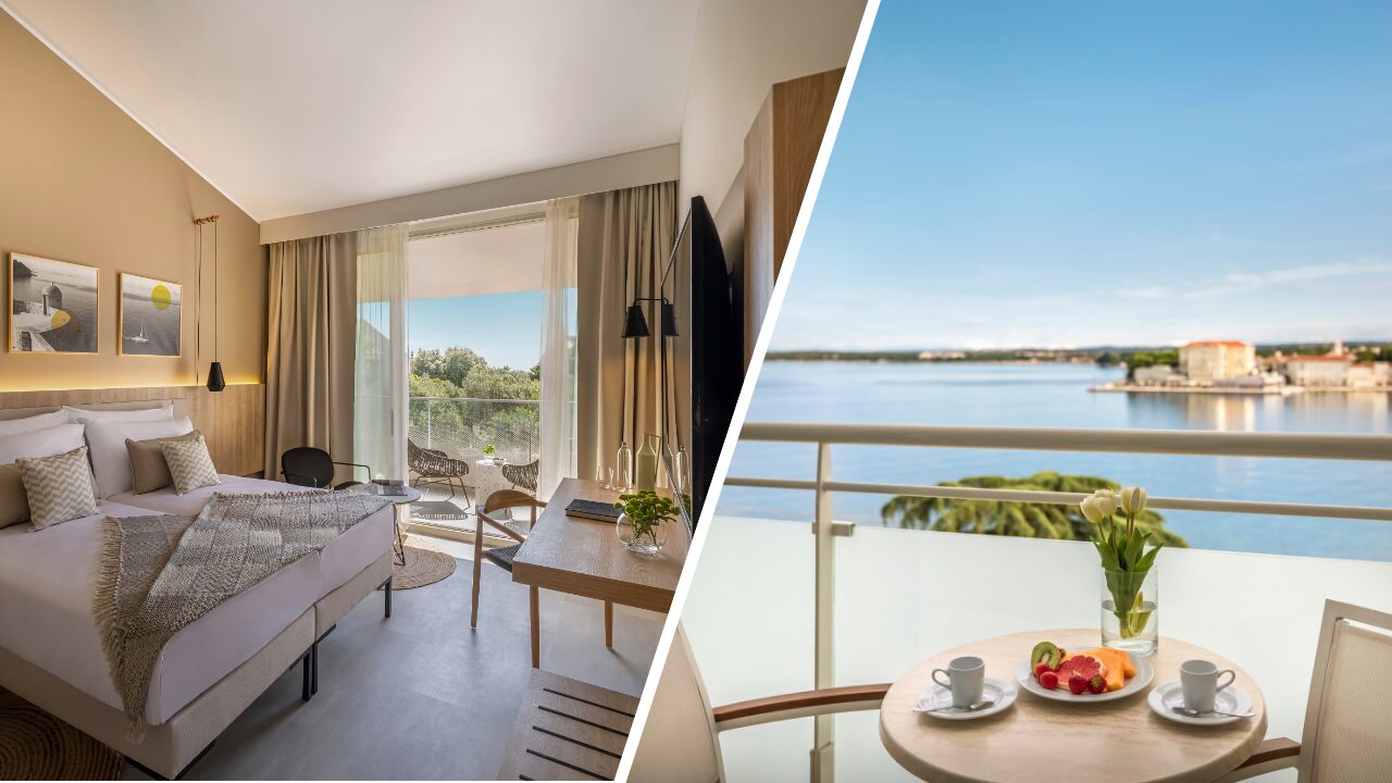 Hotel room with park view and sea-view balcony at a Croatian seaside resort Hotel room with park view and sea-view balcony at a Croatian seaside resort