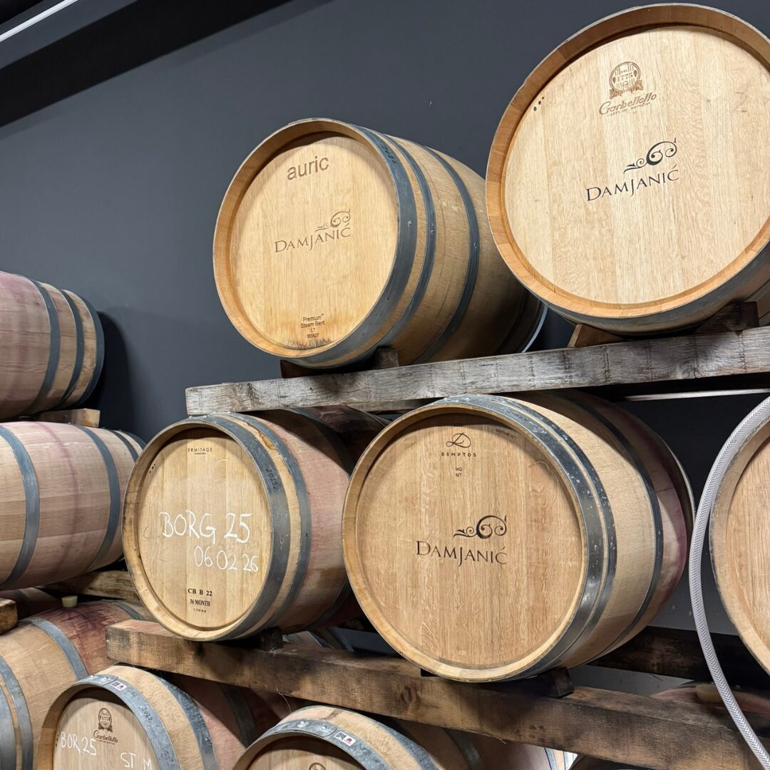 Oak wine barrels stamped with the Damjanić logo resting on wooden racks inside a modern winery cellar. Oak wine barrels stamped with the Damjanić logo resting on wooden racks inside a modern winery cellar.