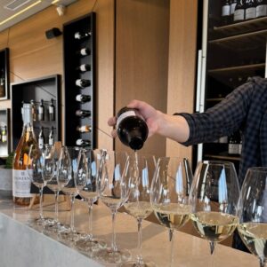 Ein Sommelier schenkt Wei&szlig;wein in Verkostungsgl&auml;ser in einer modernen Weinbar im Weingut Damjanić.