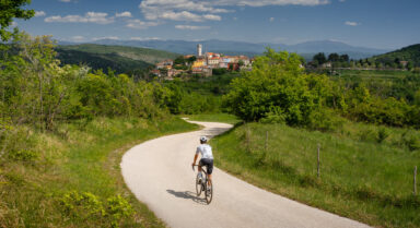 A cyclist riding along a winding road through green hills towards a hilltop village in the Istrian countryside.
