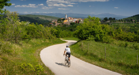 A cyclist riding along a winding road through green hills towards a hilltop village in the Istrian countryside.