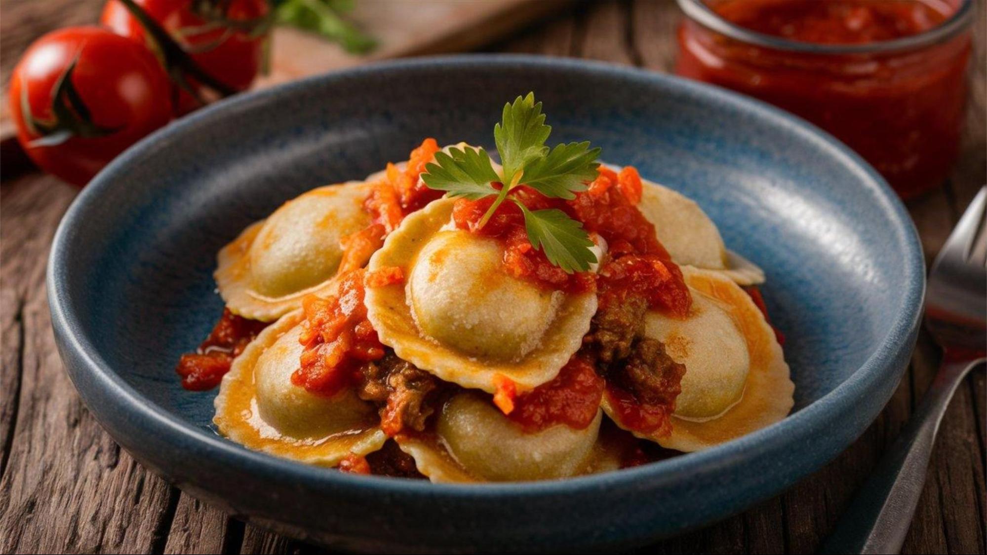 Homemade ravioli served in sauce on a dark plate