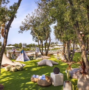 Balance Mediterranean Spa at Valamar Camping Istra with relaxing cushions and shaded tents under pine trees