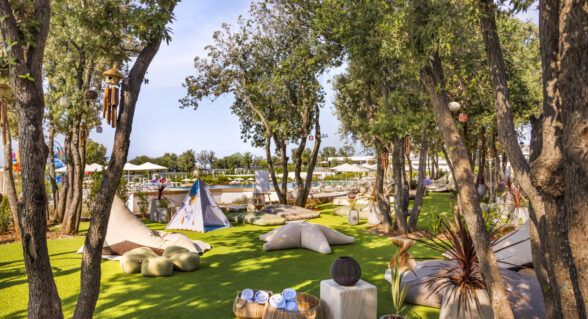 Balance Mediterranean Spa at Valamar Camping Istra with relaxing cushions and shaded tents under pine trees