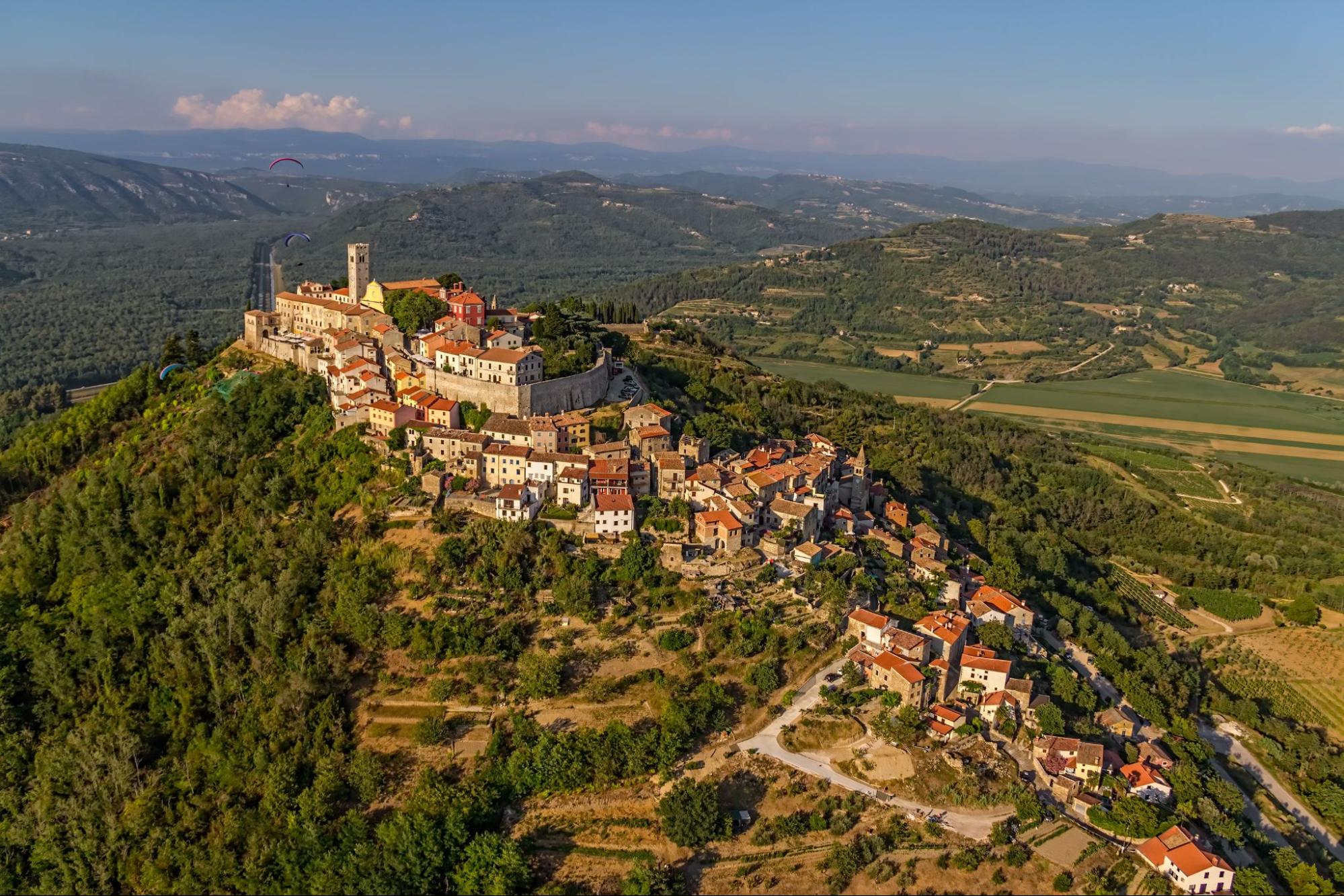 Hilltop town of Motovun overlooking vineyards and the Mirna valley